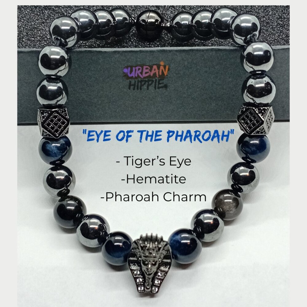 Natural Stone Men's Pharaoh Tiger's Eye Hematite Bead Bracelet Magnet Clasp